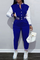 Bleu Mode Casual Patchwork Cardigan Pantalon Manches Longues Deux Pièces