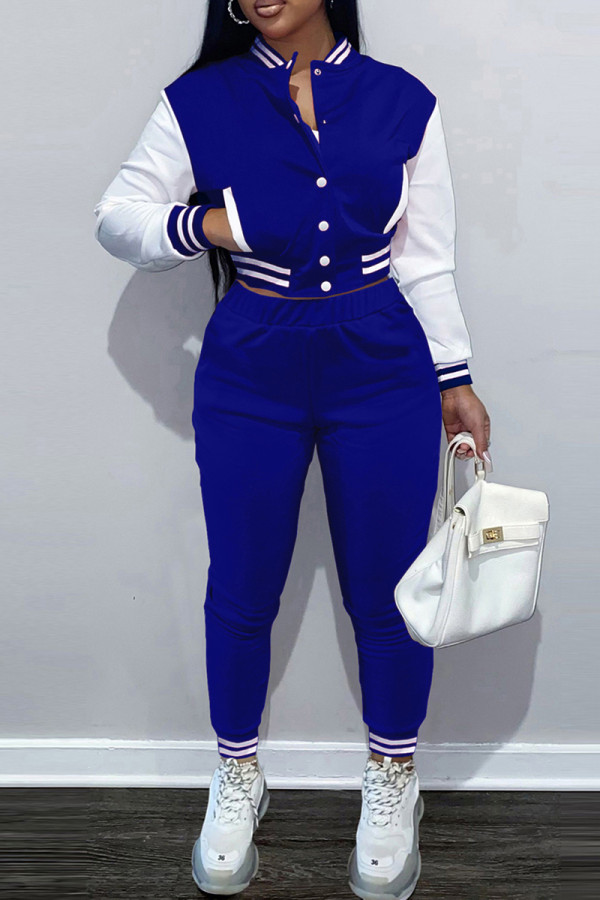 Pantalones cárdigan de retazos informales de moda azul manga larga de dos piezas