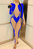 Blue Sexy Solid Patchwork See-through O Neck Skinny Jumpsuits