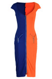 Синее модное сексуальное однотонное лоскутное платье с V-образным вырезом и коротким рукавом