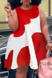 Красное модное повседневное платье без рукавов с принтом больших размеров и круглым вырезом в стиле пэчворк