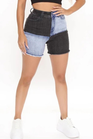Black Fashion Casual Patchwork Basic Colorblock Raw Hem High Waist Skinny Denim Shorts