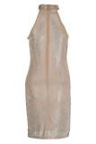 Aprikos Mode Sexig Patchwork Hot Drilling Genomskinlig O-hals ärmlös klänning