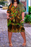 アーミーグリーンファッションカジュアルプリントパッチワークVネック半袖ドレスドレス