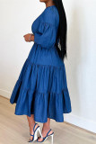 ブルーファッションカジュアルソリッドパッチワークOネックドレス