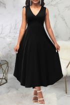 Zwarte casual effen patchwork V-hals A-lijn jurken