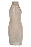 Apricot Fashion Sexy Patchwork Hot Drilling Durchsichtiges ärmelloses Kleid mit O-Ausschnitt