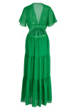 Groene elegante effen uitgeholde patchwork rechte V-hals jurken