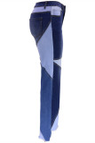 Azul Moda Casual Patchwork Básico Cintura Alta Jeans Regular