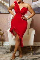 Röd Mode Sexig Solid Patchwork Backless One Shoulder Oregelbunden klänning