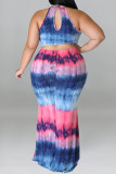 Mörkblå Mode Casual Plus Size Print Tie-dye O Neck ärmlös klänning