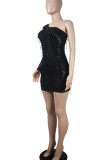 黒のセクシーなソリッドスパンコールパッチワーク斜めカラーペンシルスカートドレス