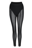 Black Sexy Solid Patchwork See-through Regular High Waist Pencil Solid Color Bottoms