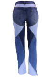 Синие модные повседневные классические джинсовые джинсы в стиле пэчворк с высокой талией