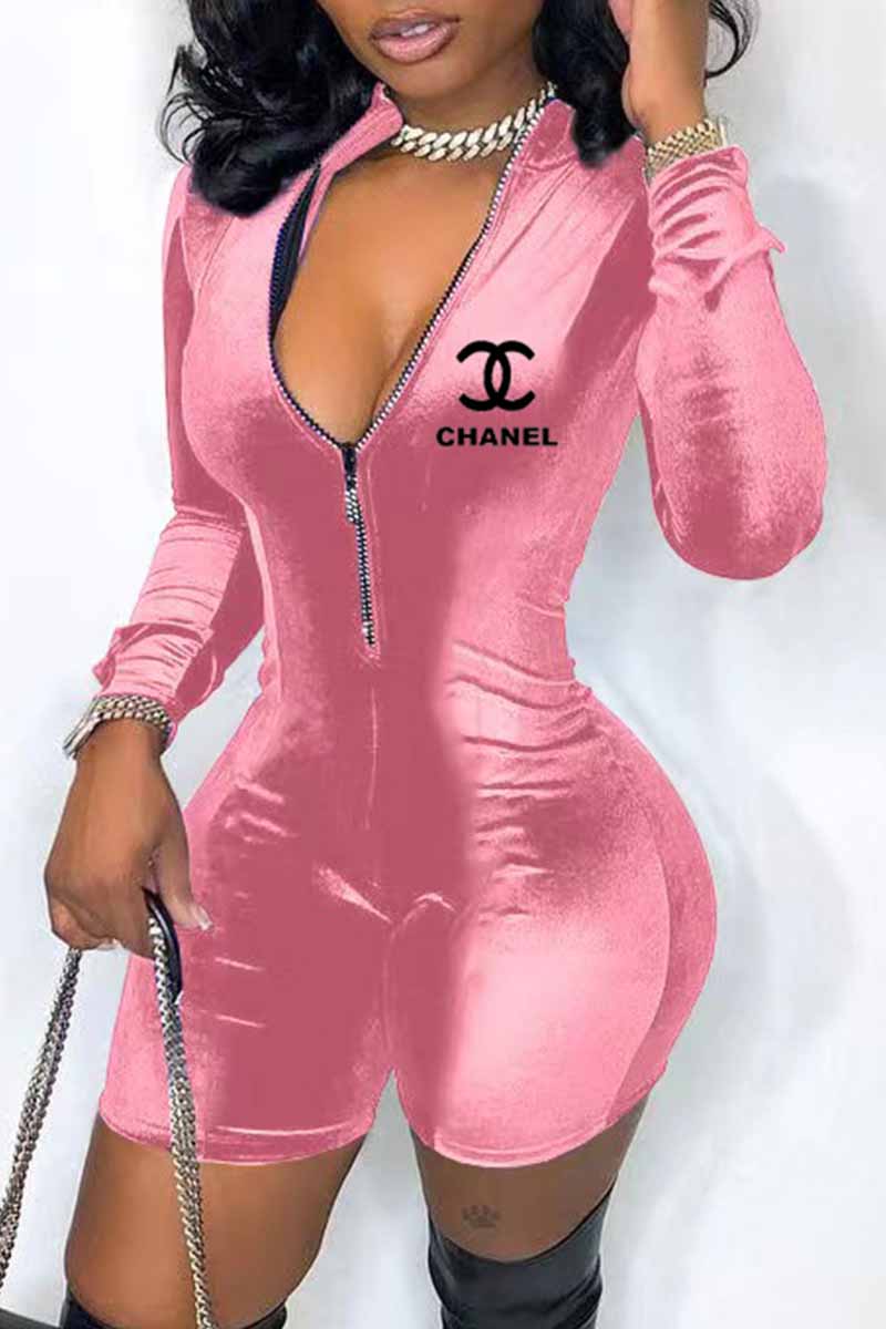 

Pink Fashion Street Print Letter Zipper Collar Jumpsuits