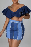 Faldas de mezclilla flacas de cintura alta básica de patchwork casual de moda azul