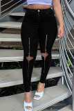 Zwarte casual straat effen uitgeholde patchwork rits hoge taille denim jeans