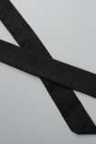 Atadura preta casual sólida patchwork decote em V plus size duas peças