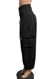 Pantalones de color sólido de pierna ancha de cintura alta de patchwork de vendaje sólido de calle informal negro
