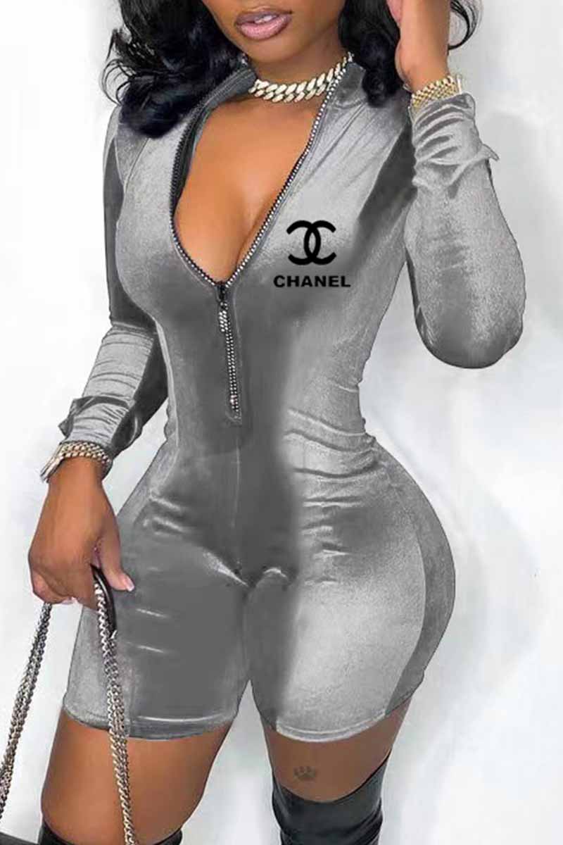 

Grey Fashion Street Print Letter Zipper Collar Jumpsuits