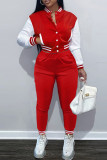Rose Red Fashion Casual Patchwork Cardigan Pants Long Sleeve Two Pieces