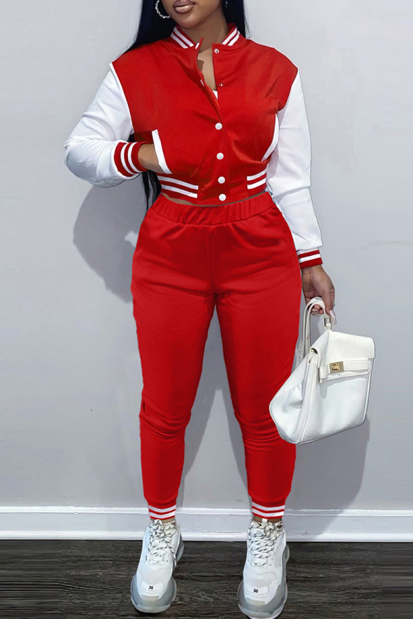 Röd Mode Casual Patchwork Cardigan Byxor Långärmad Två delar