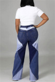 Синие модные повседневные классические джинсовые джинсы в стиле пэчворк с высокой талией