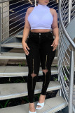 Schwarze Casual Street Solide ausgehöhlte Patchwork-Reißverschluss-Jeans mit hoher Taille
