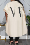 Khaki Fashion Casual Letter Print Asymmetrical Turndown Collar Plus Size Tops