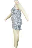 グレーホワイトセクシープリントパッチワークスリットスパゲッティストラップスリングドレスプラスサイズのドレス