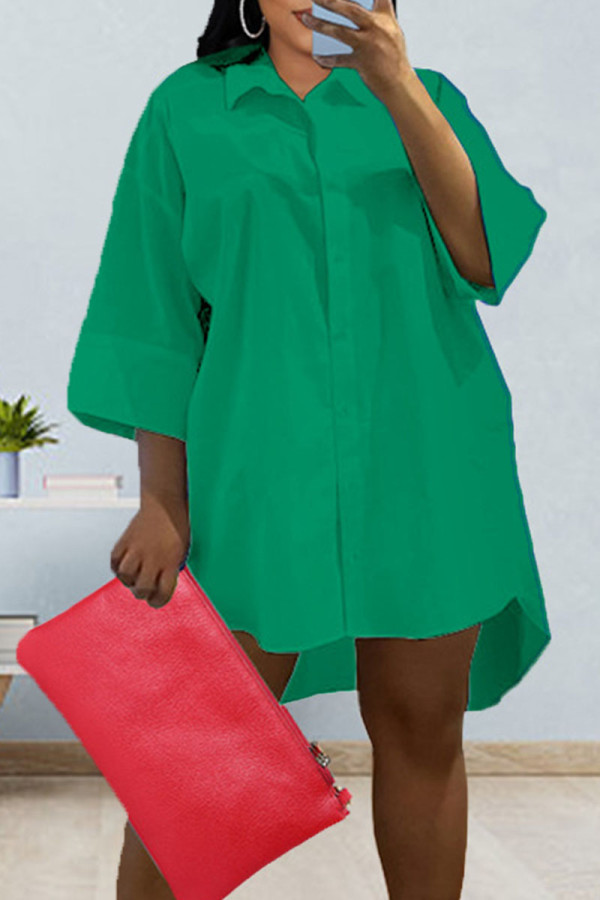 Vestido camisero informal con cuello vuelto y hebilla de patchwork liso verde Vestidos