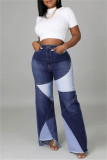 Blå Mode Casual Patchwork Basic Hög midja Vanliga jeans jeans