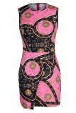 ピンクのカジュアルプリントパッチワークボタンOネックワンステップスカートドレス