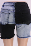 Schwarze, modische, lässige Patchwork-Basic-Skinny-Denim-Shorts mit hoher Taille