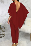 Rode sexy effen patchwork-backless volant O-hals reguliere jumpsuits