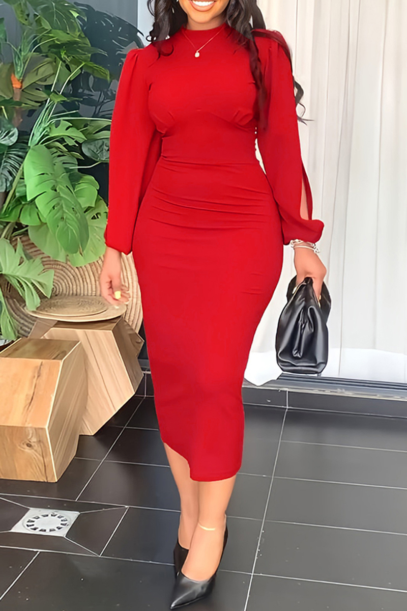 

Red Fashion Casual Solid Patchwork O Neck Long Sleeve Dresses