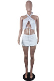 White Fashion Sexy Solid Bandage Hollowed Out Backless Asymmetrical Halter Tops