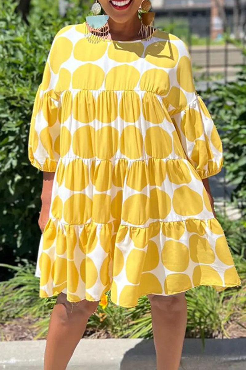 

Yellow Casual Print Polka Dot Patchwork O Neck A Line Dresses
