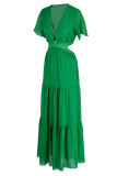 Зеленые элегантные однотонные прямые платья в стиле пэчворк с V-образным вырезом