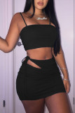 Black Sexy Solid Bandage Hollowed Out Patchwork Spaghetti Strap Sleeveless Two Pieces