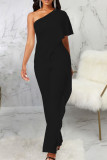 Black Elegant Solid Patchwork Flounce Oblique Collar Jumpsuits