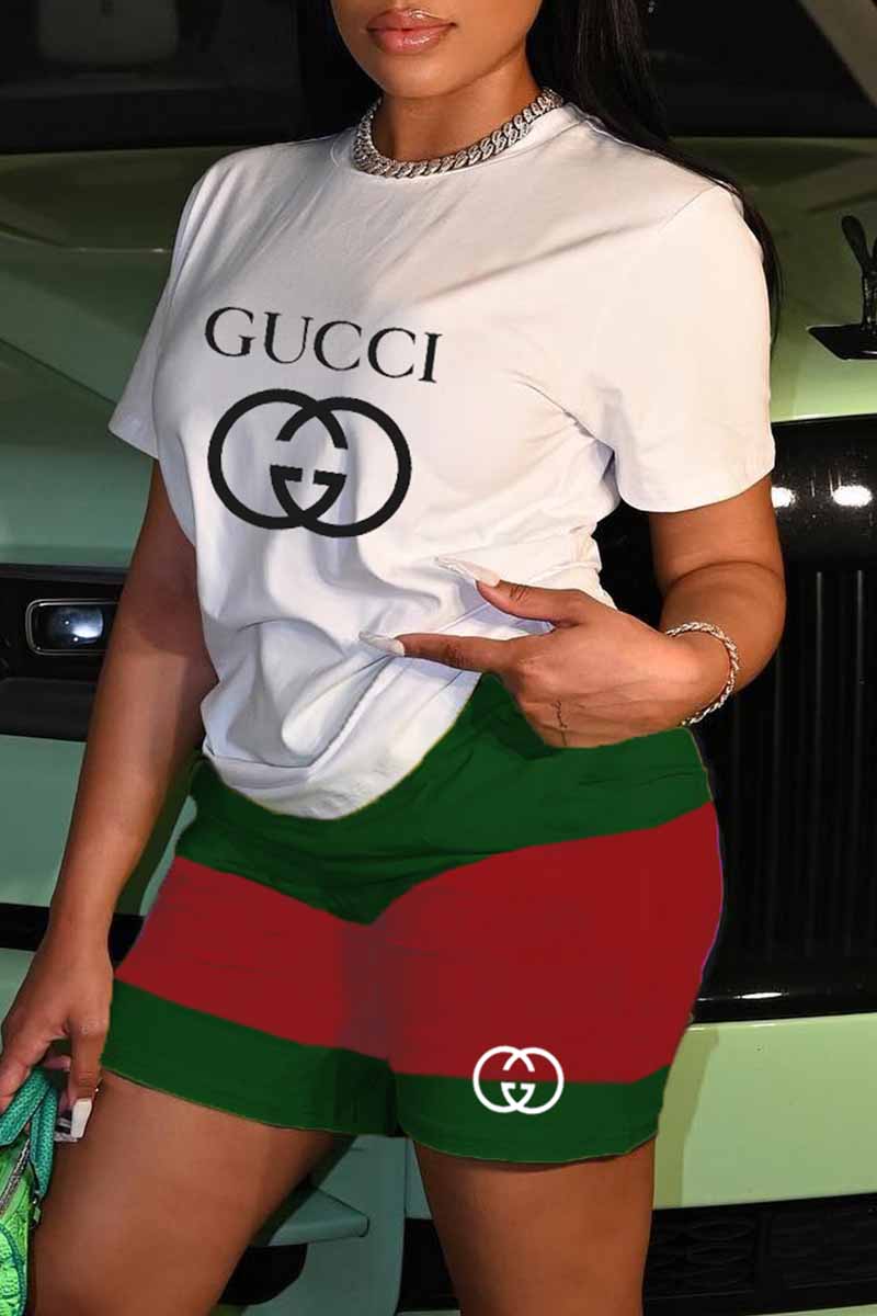 

Red Green Fashion Casual Print Letter O Neck Short Sleeve Two Pieces