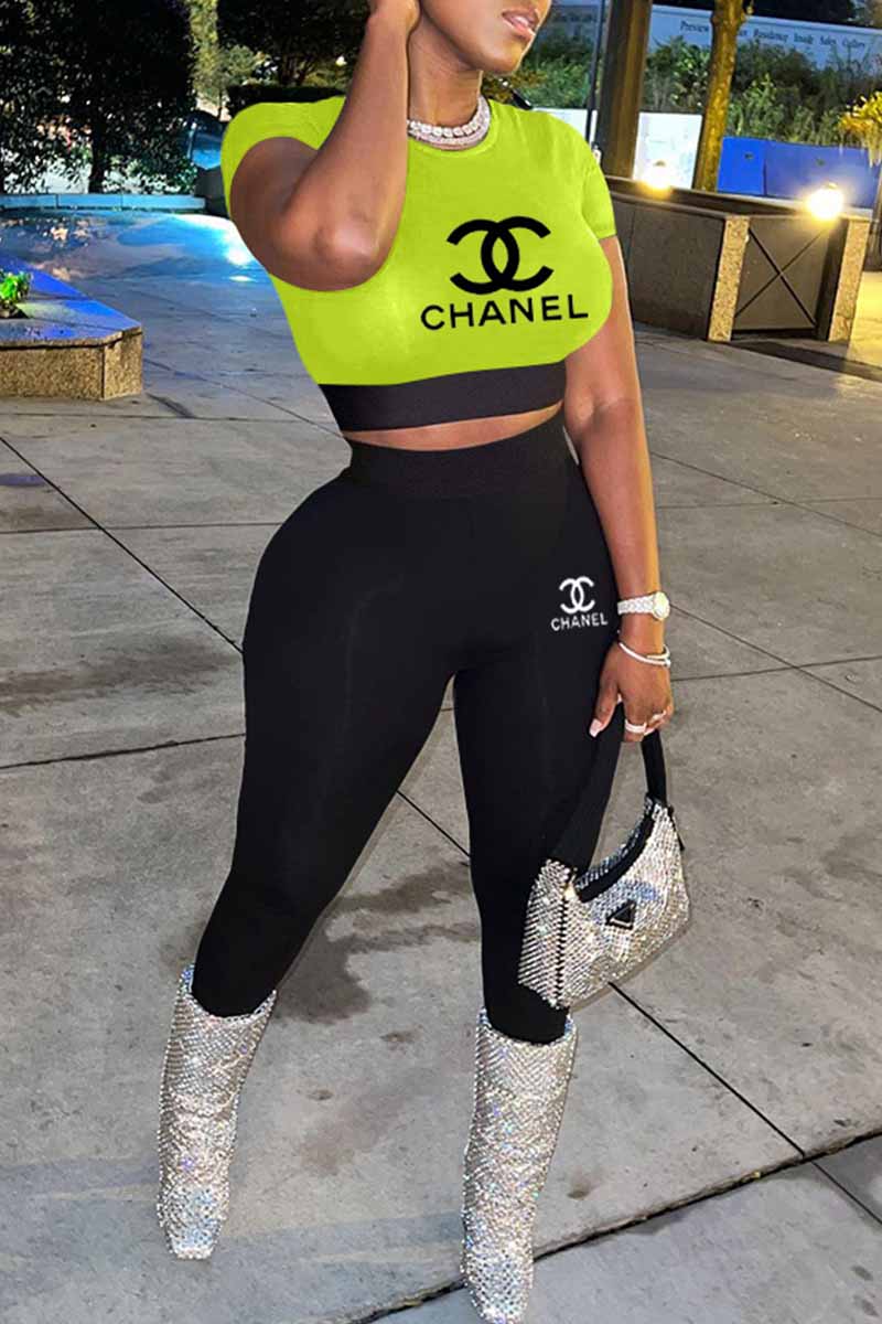 

Fluorescent Green Fashion Casual Print Letter O Neck Short Sleeve Two Pieces