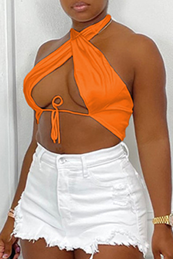 Oranje mode Sexy effen verband uitgeholde rugloze asymmetrische haltertops
