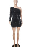 Champagne Sexy Solid Sequins Patchwork Oblique Collar Pencil Skirt Dresses