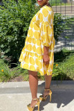 Yellow Casual Print Polka Dot Patchwork O Neck A Line Dresses