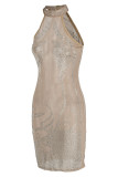 Vestido de damasco fashion sexy patchwork perfuração a quente transparente decote oco sem manga