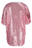 Pink Fashion Casual Patchwork Sequins O Neck A Line Dresses
