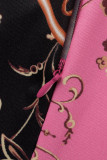 Vestidos de falda de un paso con cuello redondo y botones de patchwork con estampado casual rosa