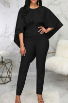 Zwarte sexy effen patchwork-backless volant O-hals reguliere jumpsuits